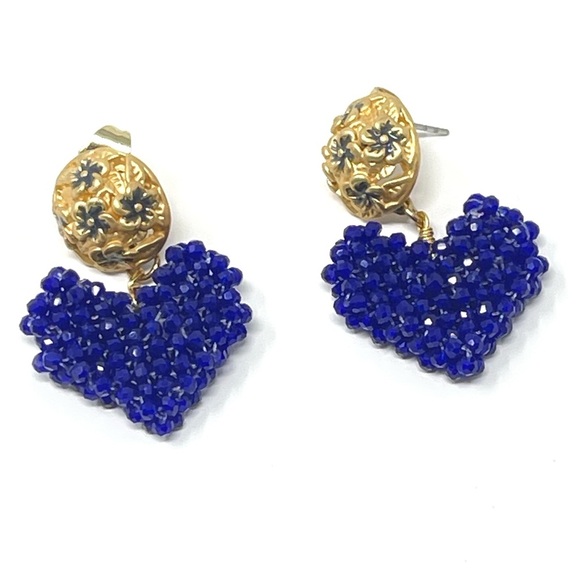 Anthropologie Jewelry - New Anthropologie Beaded Heart Gold Earrings Blue